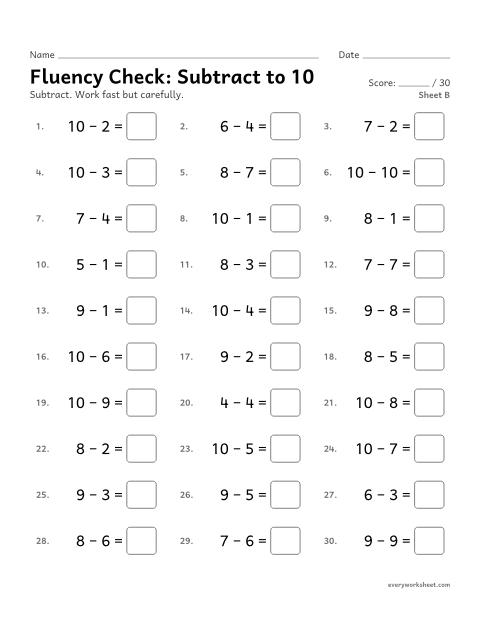 Preview of the printable “Fluency Check: subtract to 10, sheet B” worksheet: subtracting within 10 fluently