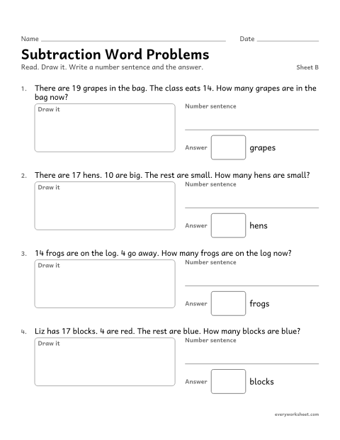 Preview of the printable “Subtraction word Problems, sheet B” worksheet: solving take from and take apart word problems within 20