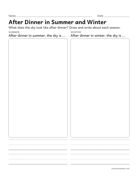 Preview of the printable “Summer and winter evenings drawing worksheet” worksheet: comparing daylight in summer and winter evenings