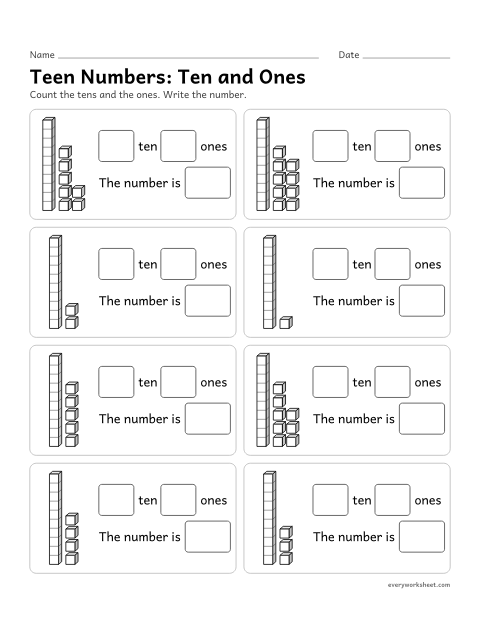 Preview of the printable “Teen Numbers: ten and ones” worksheet: writing 11 to 19 as one ten and some ones