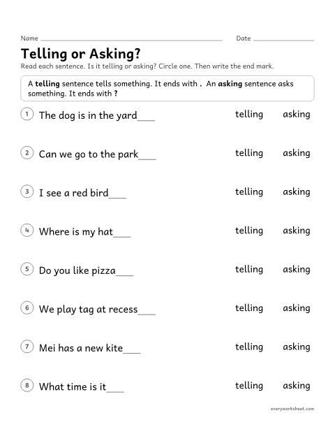 Preview of the printable “Telling or Asking?” worksheet: telling statements from questions by their words, then adding the end mark