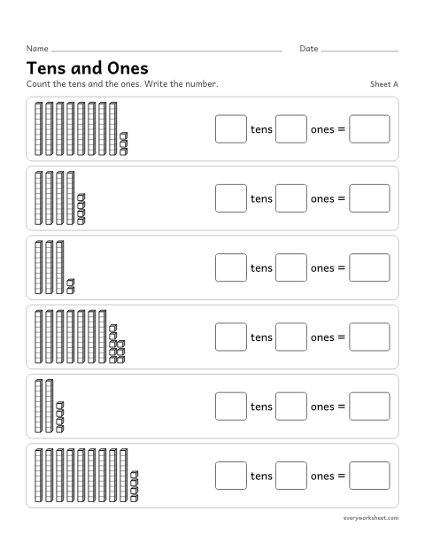 Preview of the printable “Tens and Ones, sheet A” worksheet: counting tens and ones in base-ten blocks and writing the two-digit number