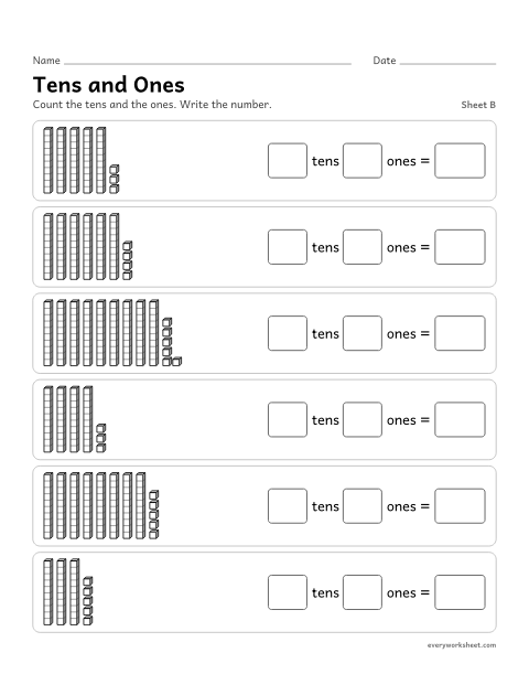Preview of the printable “Tens and Ones, sheet B” worksheet: counting tens and ones in base-ten blocks and writing the two-digit number