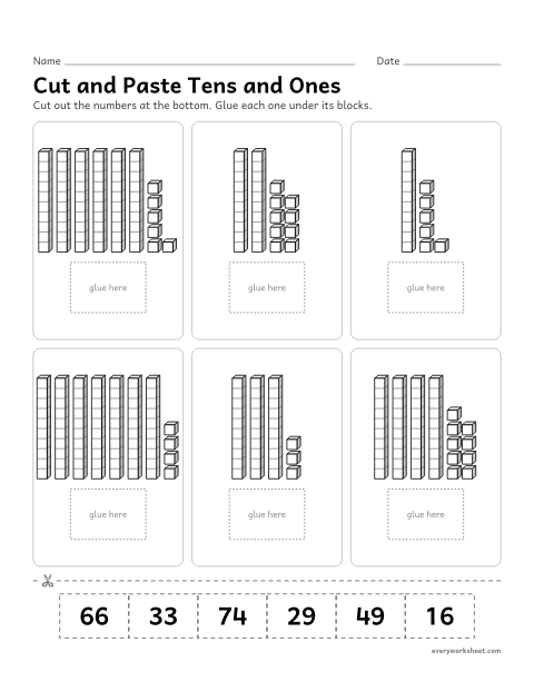 Preview of the printable “Cut and paste tens and ones” worksheet: matching number cards to base-ten pictures (cut and paste)