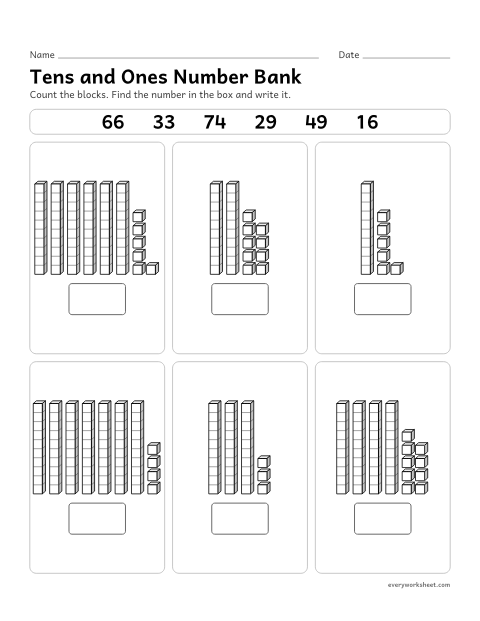Preview of the printable “Tens and ones number bank” worksheet: matching numbers from a bank to base-ten pictures (no cutting)