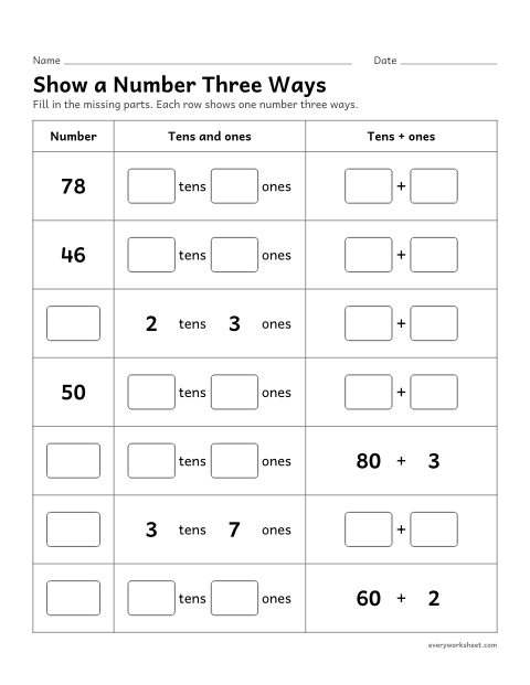 Preview of the printable “Show a number three ways” worksheet: writing a number as tens and ones and as tens plus ones (40 + 7)