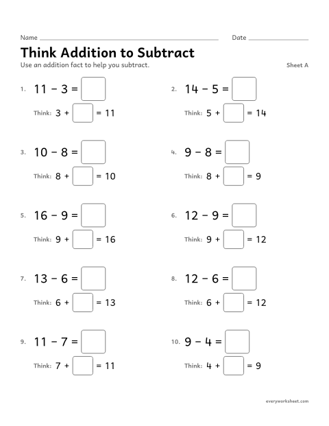 Preview of the printable “Think addition to Subtract, sheet A” worksheet: subtracting by finding the missing addend