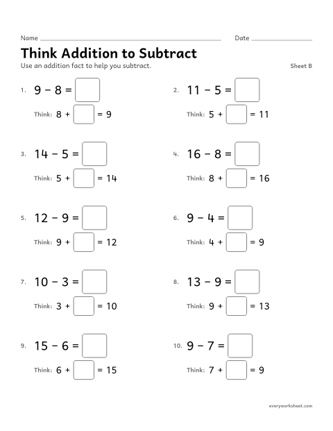 Preview of the printable “Think addition to Subtract, sheet B” worksheet: subtracting by finding the missing addend