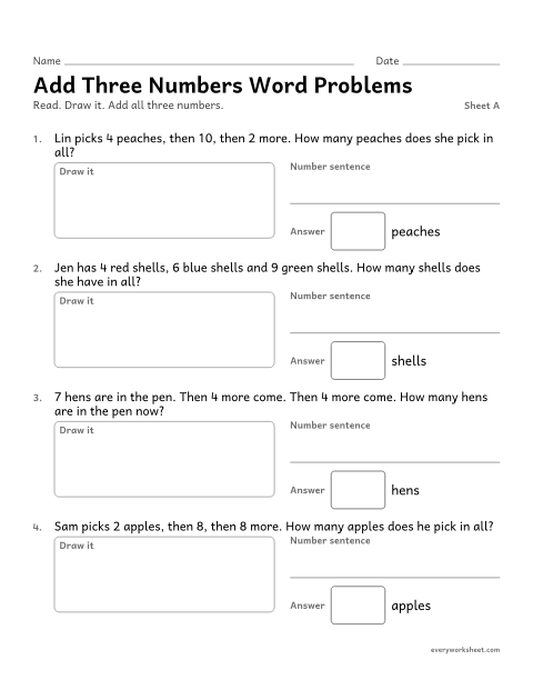 Preview of the printable “Add three numbers word Problems, sheet A” worksheet: solving word problems with three addends within 20