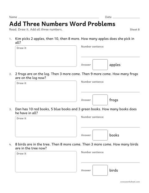 Preview of the printable “Add three numbers word Problems, sheet B” worksheet: solving word problems with three addends within 20