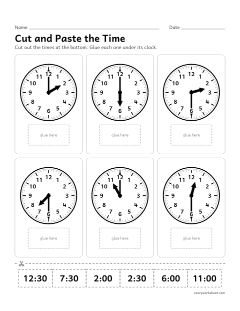 Preview of the printable “Cut and paste the time” worksheet: matching digital time cards to clocks (cut and paste)