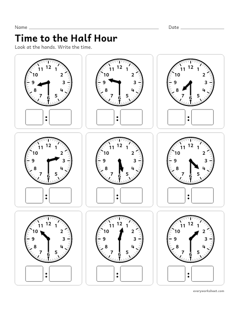 Preview of the printable “Time to the half hour” worksheet: reading an analog clock to the half hour and writing the time