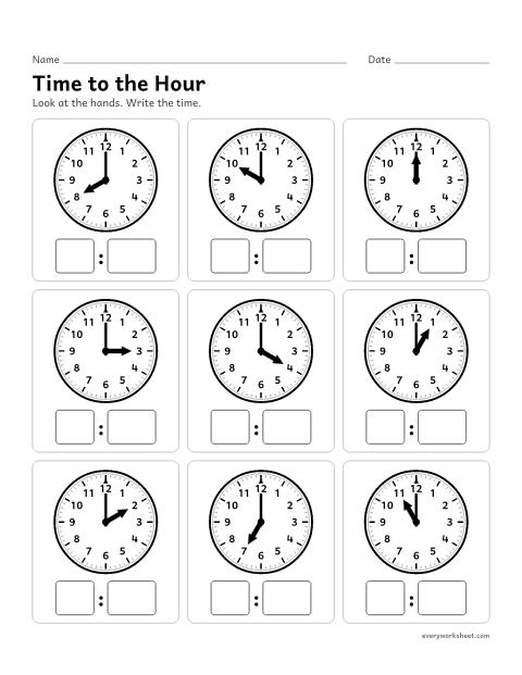 Preview of the printable “Time to the hour” worksheet: reading an analog clock to the hour and writing the time