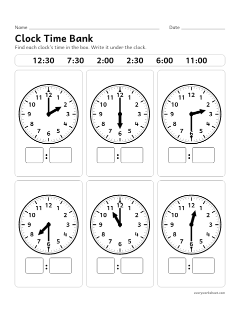 Preview of the printable “Clock time bank” worksheet: matching digital times from a bank to clocks (no cutting)