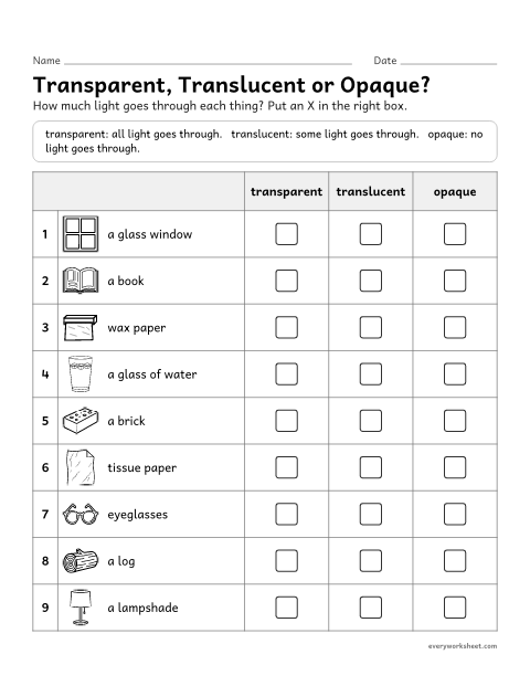 Preview of the printable “Transparent, translucent or opaque sort” worksheet: sorting materials by how much light passes through them
