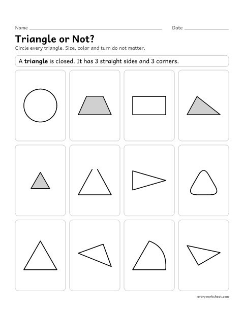 Preview of the printable “Triangle or Not?” worksheet: using defining attributes: closed, 3 straight sides, 3 corners (not color, size or turn)