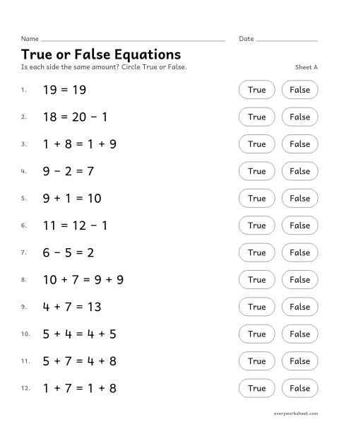 Preview of the printable “True or false Equations, sheet A” worksheet: deciding if an equation is true or false