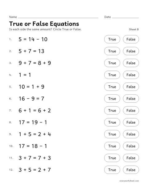 Preview of the printable “True or false Equations, sheet B” worksheet: deciding if an equation is true or false