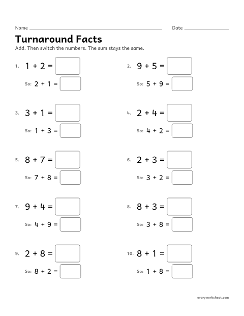 Preview of the printable “Turnaround facts” worksheet: adding in either order