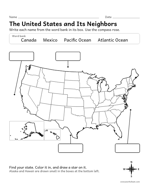 Preview of the printable “United states map and neighbors worksheet” worksheet: naming the countries and oceans that border the United States