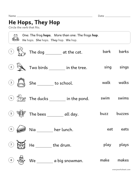 Preview of the printable “He Hops, they hop” worksheet: matching the verb to one or more than one
