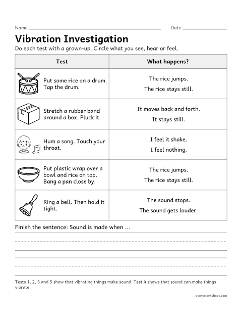 Preview of the printable “Sound and vibration investigation” worksheet: investigating that vibrating materials make sound and that sound can make materials vibrate