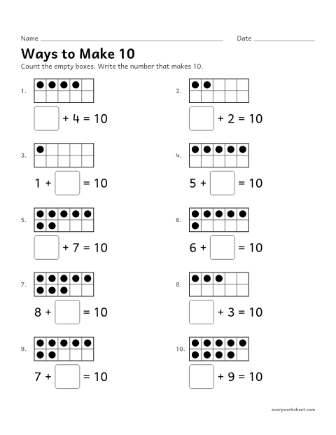 Preview of the printable “Ways to make 10” worksheet: finding the number that makes 10