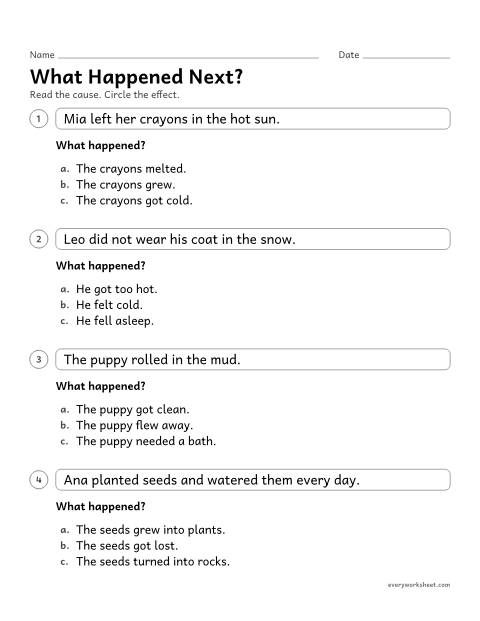 Preview of the printable “What happened Next?” worksheet: choosing the effect of a cause