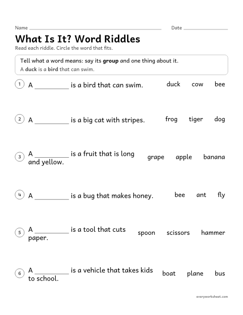 Preview of the printable “What is It? word riddles” worksheet: telling what a word means by its group and a key detail