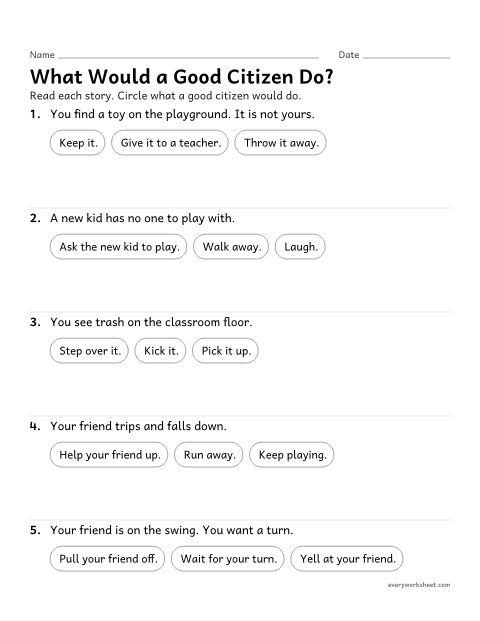 Preview of the printable “What would a good citizen Do? worksheet” worksheet: choosing good citizen actions in everyday situations