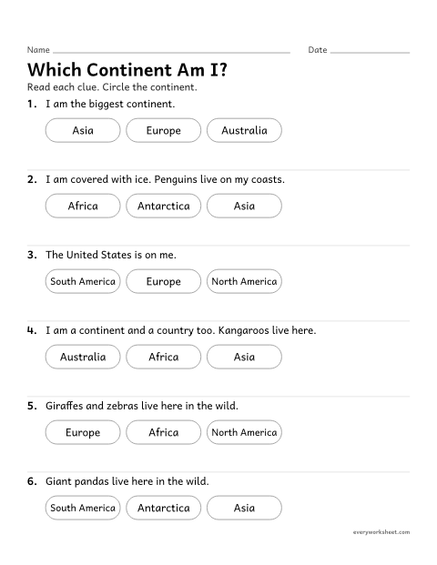 Preview of the printable “Which Continent? riddles worksheet” worksheet: using clues to name continents