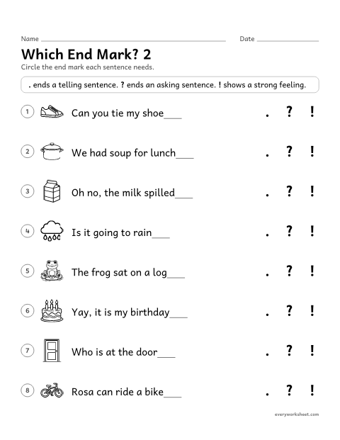 Preview of the printable “Which end Mark? 2” worksheet: choosing a period, question mark or exclamation point for a sentence