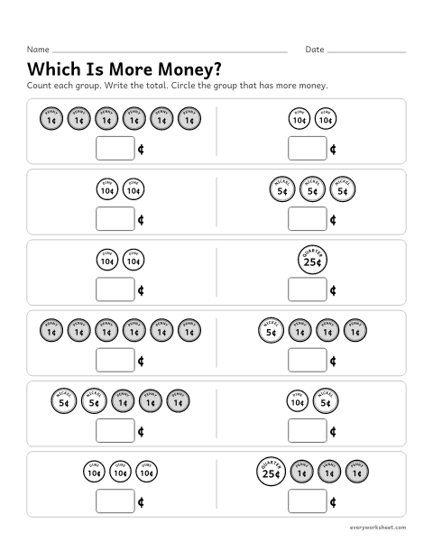 Preview of the printable “Which is more Money?” worksheet: counting two sets of coins and circling the greater amount