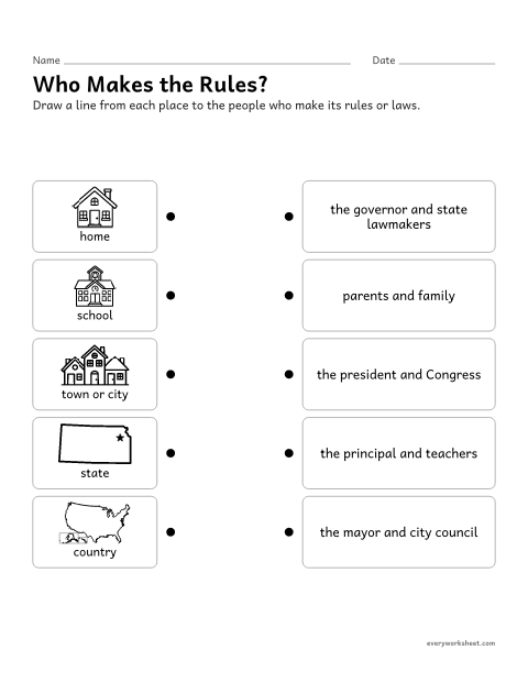 Preview of the printable “Who makes the Rules? matching worksheet” worksheet: naming people in authority who make rules and laws
