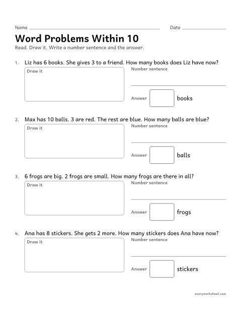 Preview of the printable “Word problems within 10” worksheet: solving addition and subtraction word problems within 10