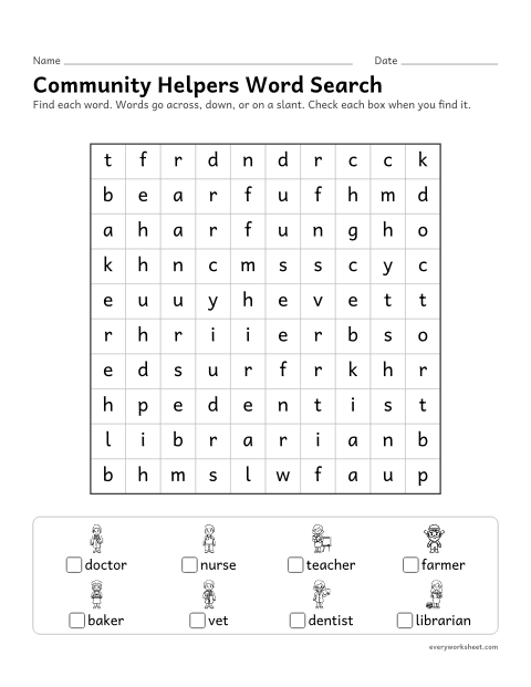 Preview of the printable “Community helpers word search” worksheet: finding theme words across, down and on a slant
