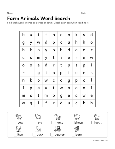 Preview of the printable “Farm animals word search” worksheet: finding and reading theme words by their spelling