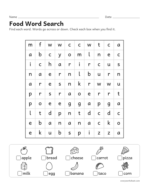 Preview of the printable “Food word search” worksheet: finding and reading theme words by their spelling