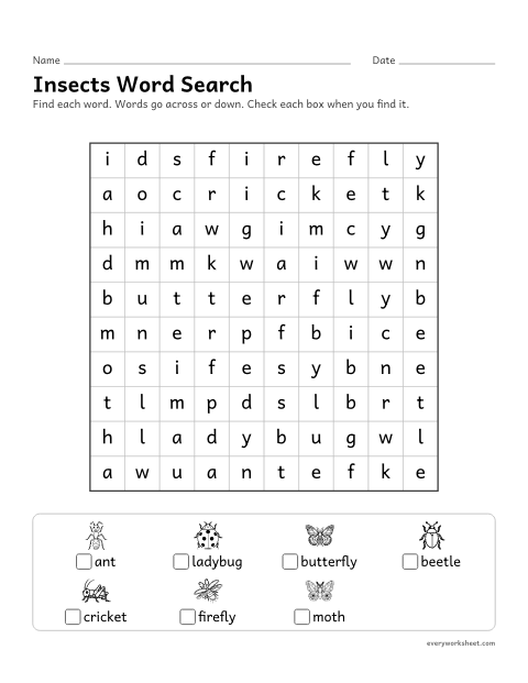 Preview of the printable “Insects word search” worksheet: finding and reading theme words by their spelling