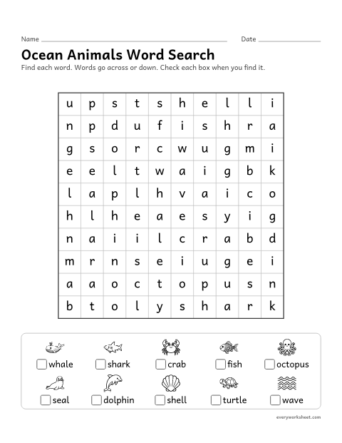 Preview of the printable “Ocean animals word search” worksheet: finding and reading theme words by their spelling