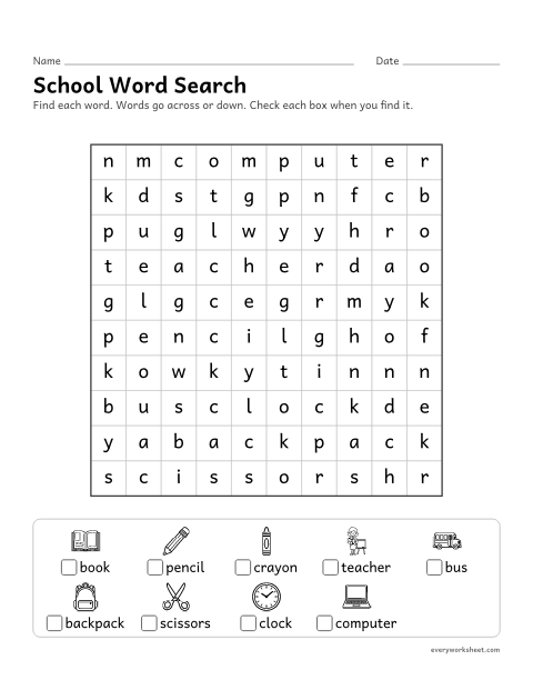 Preview of the printable “School word search” worksheet: finding and reading theme words by their spelling
