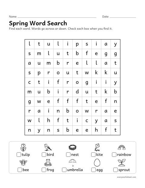 Preview of the printable “Spring word search” worksheet: finding and reading theme words by their spelling