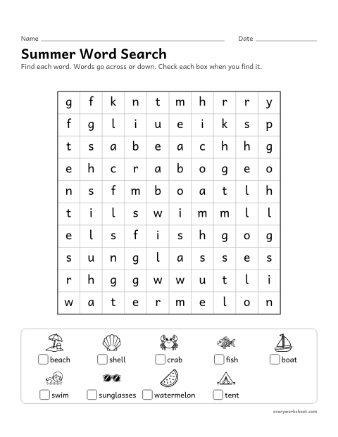 Preview of the printable “Summer word search” worksheet: finding and reading theme words by their spelling