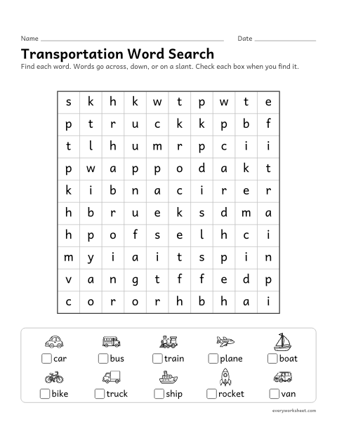Preview of the printable “Transportation word search” worksheet: finding theme words across, down and on a slant