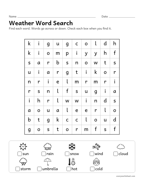 Preview of the printable “Weather word search” worksheet: finding and reading theme words by their spelling