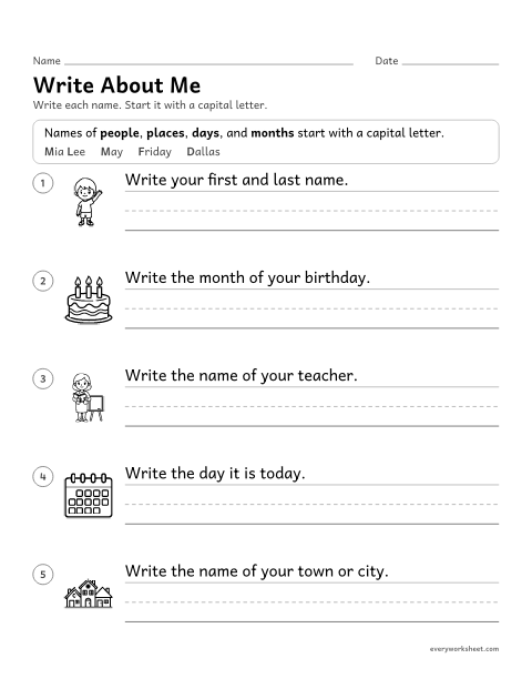 Preview of the printable “Write about me” worksheet: writing names, months and days with capital letters