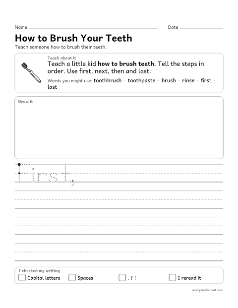 Preview of the printable “How to brush your teeth” worksheet: writing how-to steps in order