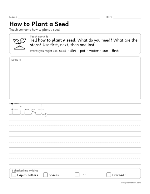 Preview of the printable “How to plant a seed” worksheet: writing how-to steps in order