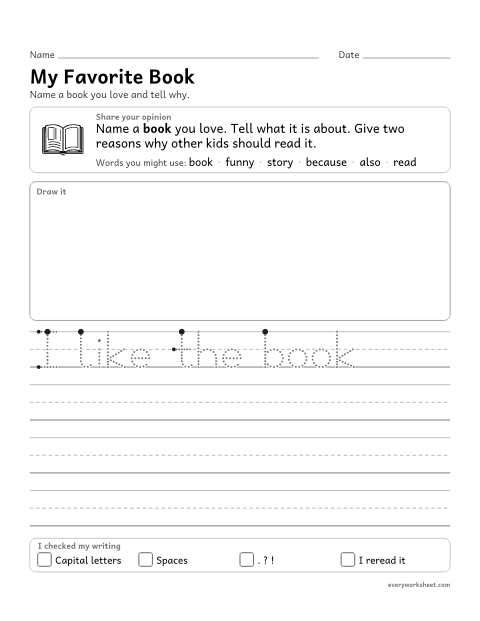 Preview of the printable “My favorite book” worksheet: naming a book and giving reasons for an opinion about it