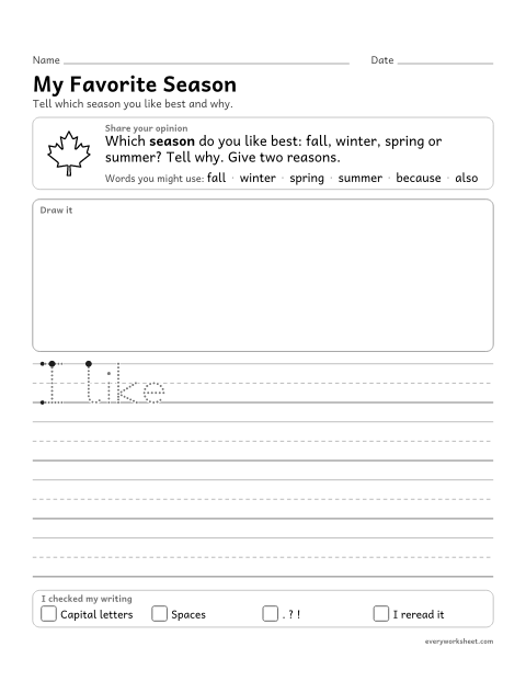 Preview of the printable “My favorite season” worksheet: writing an opinion with a reason and an ending